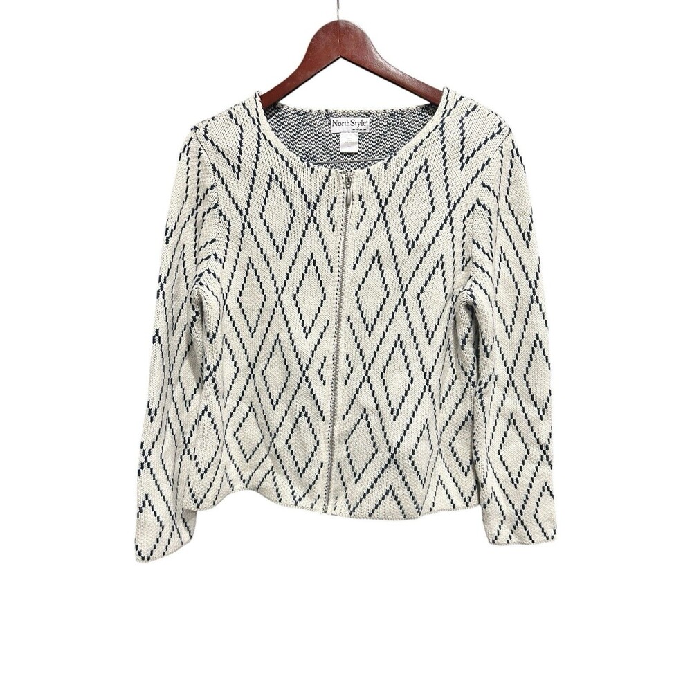 NorthStyle Geometric Cardigan Zipup Jacket White Cottagecore 90s Y2K Vibes Med